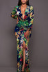 Printed Plunge Neck Leg Split Maxi Dress